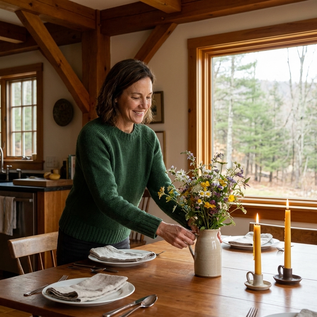 Elise Montgomery arranging a simple dinner table with candles and fresh flowers in a cozy kitchen in upstate New York