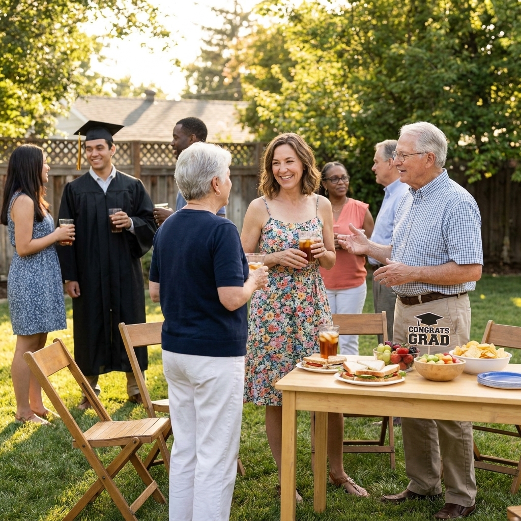 Family and friends mingling in a backyard during a casual graduation open house with a simple snack table and folding chairs