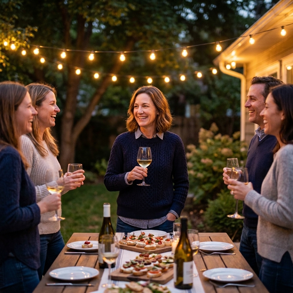 Friends gathered in a backyard under string lights, holding drinks and chatting around a simple food table