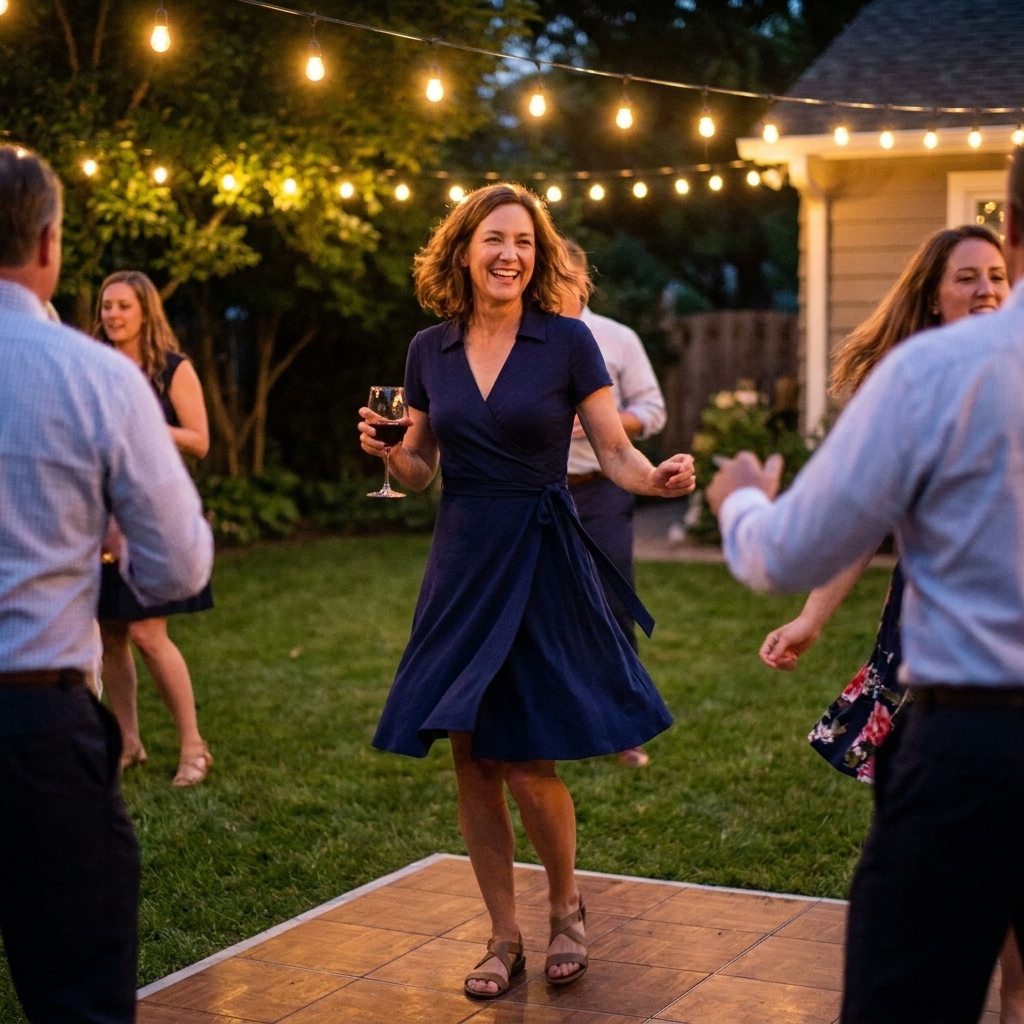 Guests dancing on a small wooden dance floor set up on grass in a backyard at night under warm string lights