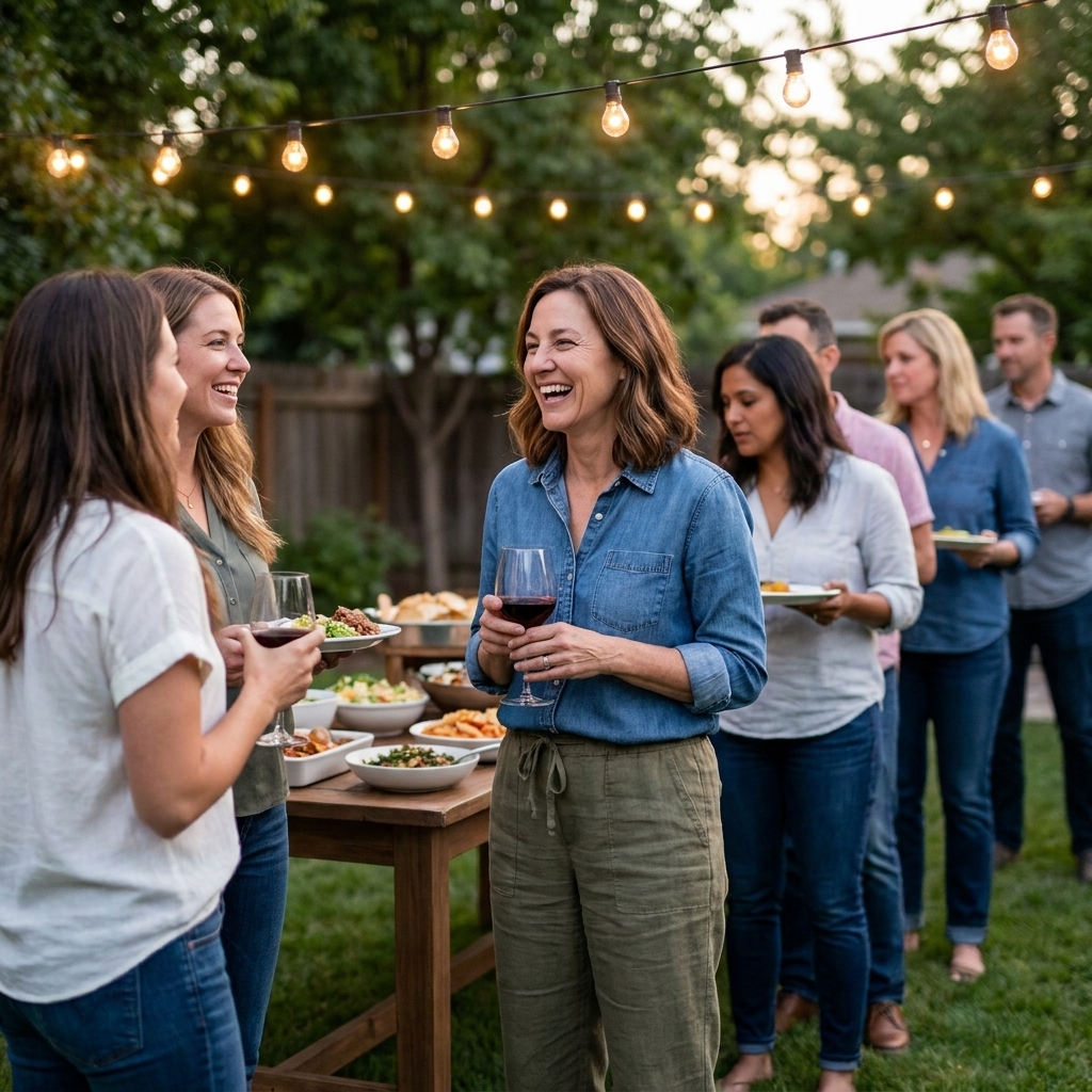 Guests lining up at a backyard buffet with string lights overhead while the host chats with friends near the serving table