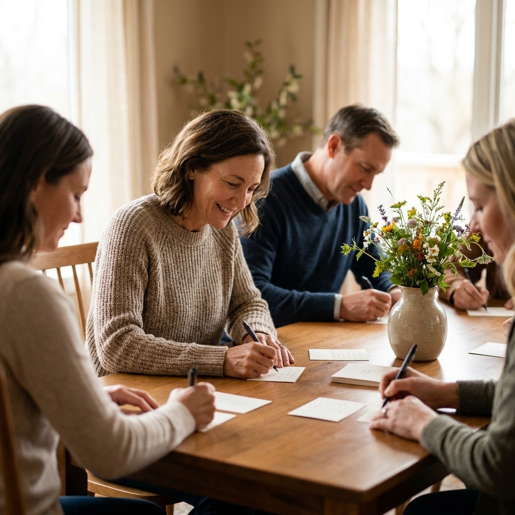 Guests seated around a dining table writing thoughtful notes on small cards with pens and a simple floral centerpiece