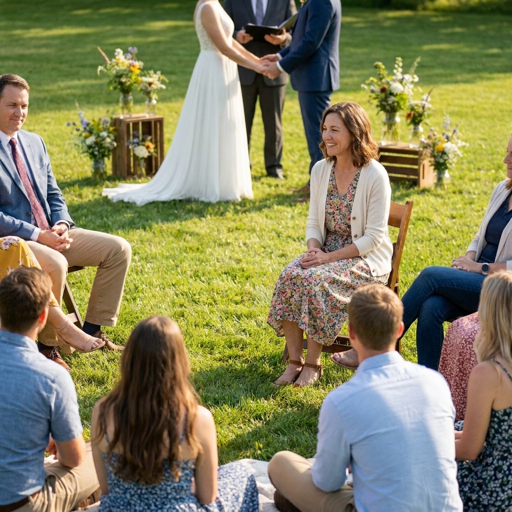 Guests seated in a full circle around a couple during a wedding on a grassy lawn, with simple floral accents