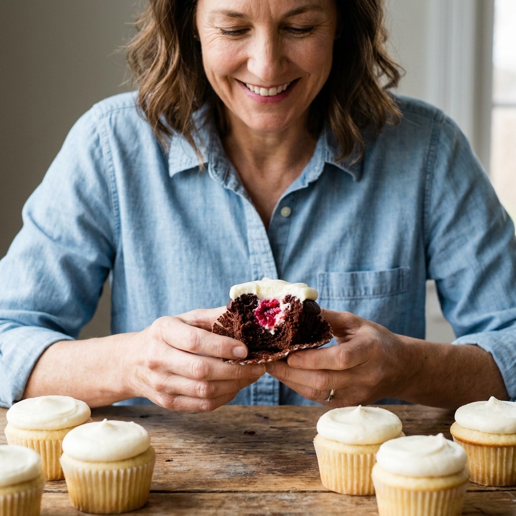 Hands holding a bitten cupcake with colored filling visible inside, surrounded by neutral frosted cupcakes on a wooden table