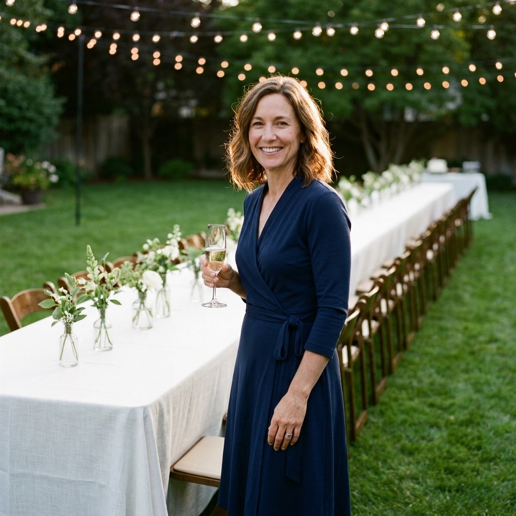 Long banquet tables set up on a lawn for a backyard wedding reception, with simple white linens, bud vases, and string lights overhead