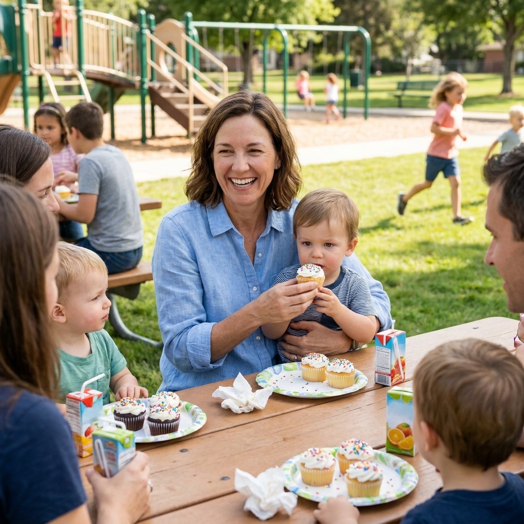 Parents and toddlers gathered at a park picnic table with cupcakes and juice boxes while children play nearby during a daytime celebration