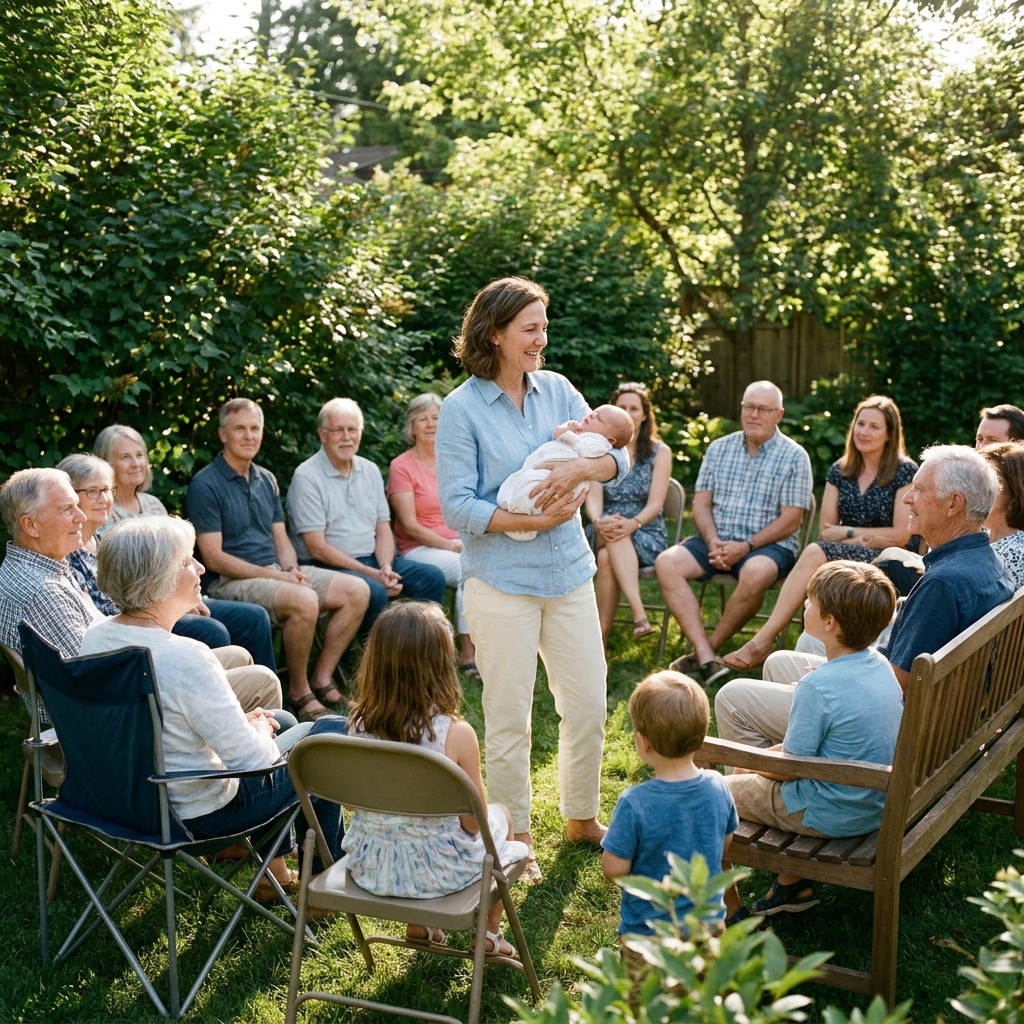Relatives gathered in a backyard with simple chairs and greenery, watching a parent speak while holding a baby during a naming ceremony.