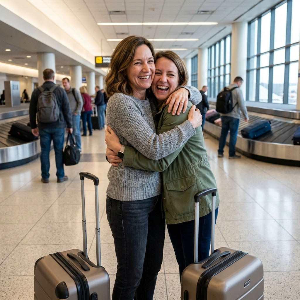 Two friends greeting each other with a hug in an airport arrivals area, rolling suitcases nearby and a feeling of excitement