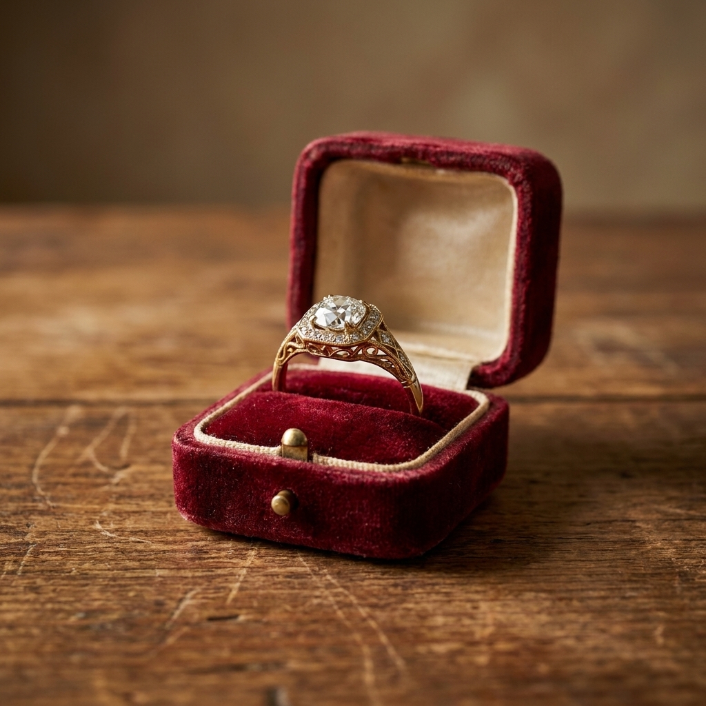 Vintage-style engagement ring resting in a small velvet ring box on a wooden tabletop, softly lit